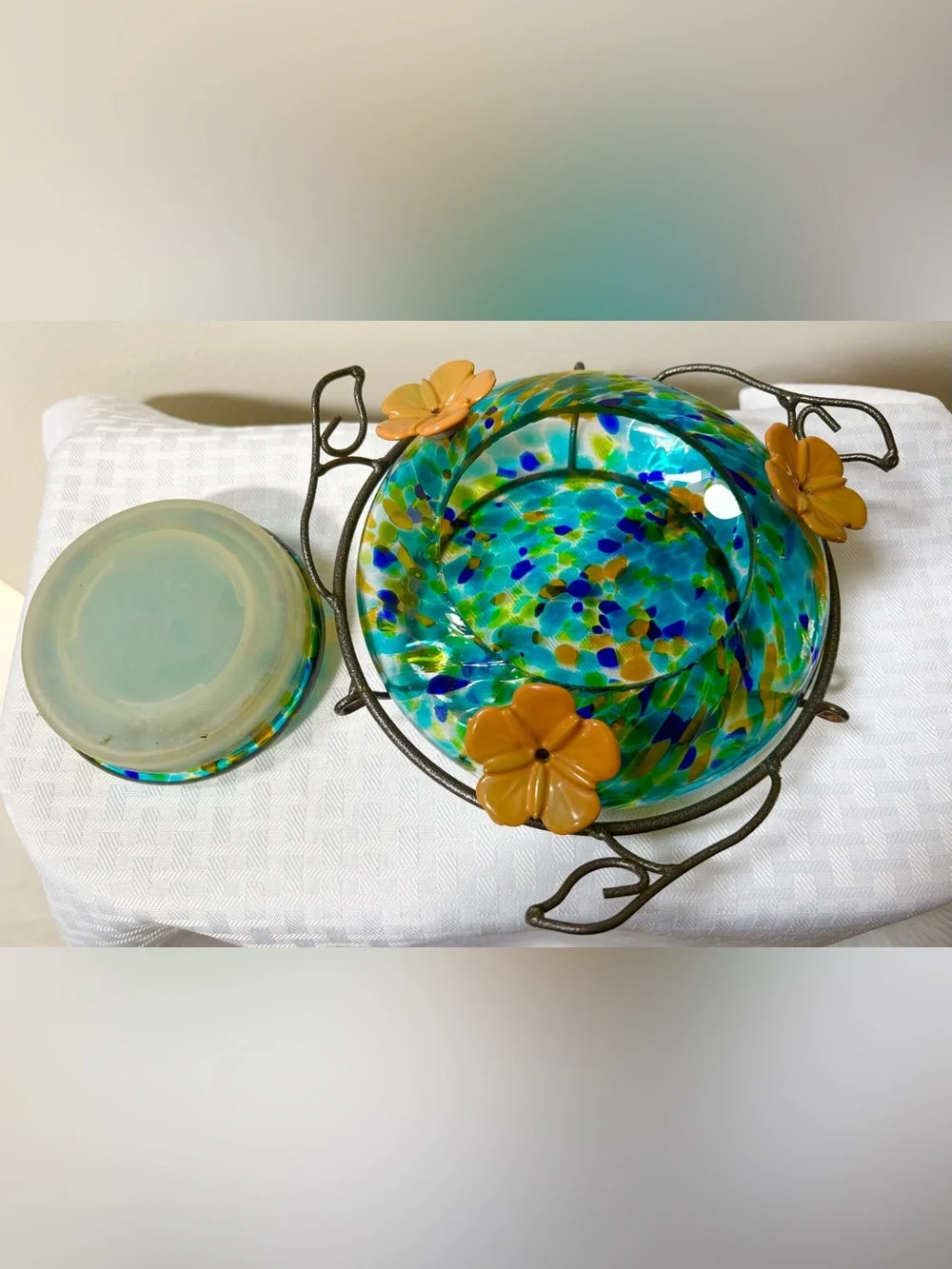Art Glass Table Hummingbird Feeder Multi Color 3 Yellow Flowers Wire to Hang - Picture 3 of 6